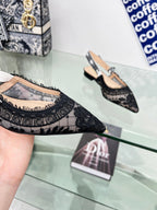 cd slingback flat transparent mesh embroidered black flower moitf