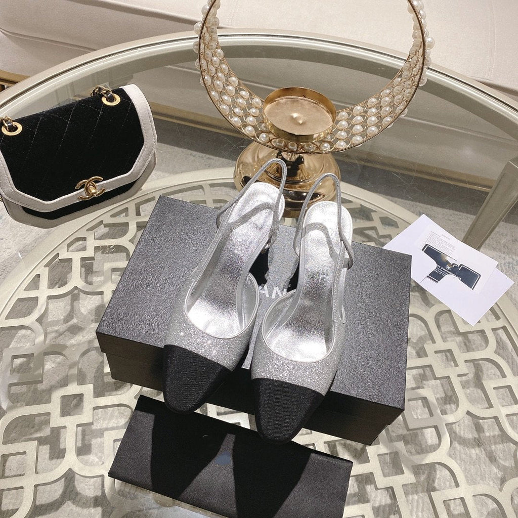 slingback 6.5 glitter silver black grosgrain