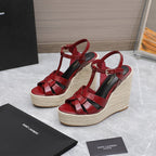 SL TRIBUTE WEDGE SANDALS BERRY POLISHED CALFSKIN
