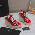SL TRIBUTE WEDGE SANDALS CRIMSON POLISHED CALFSKIN