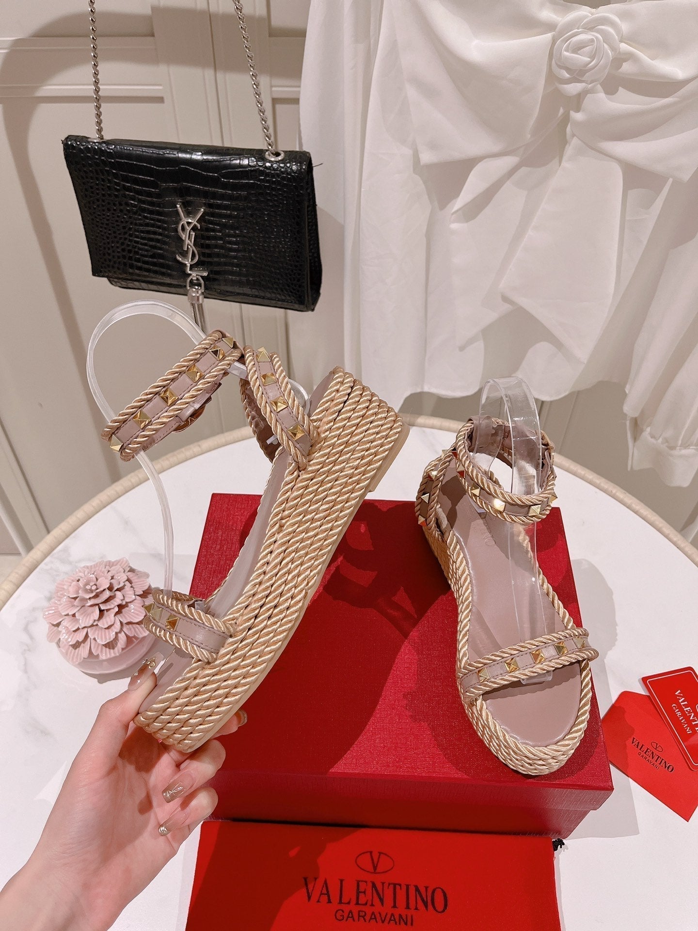 VT Rockstud Platform Sandals 65mm Pink Nude Espadrilles Calfskin 521310