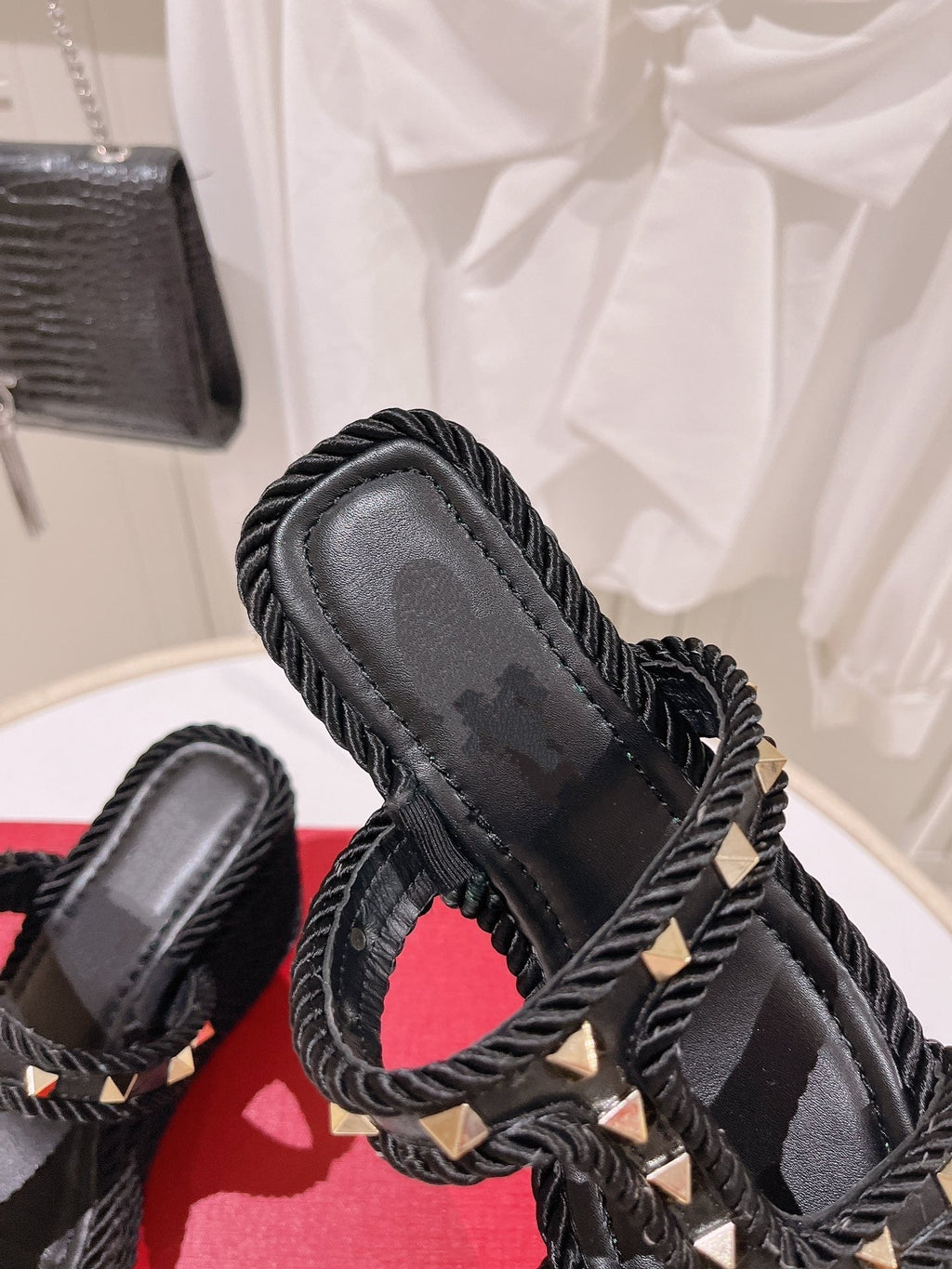 Rockstud Laminated Nappa Wedge Sandal Black 10cm