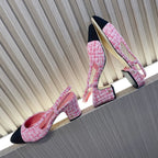 CC Slingbacks Light Pink Mix White Tweed Black Grosgrain 399331