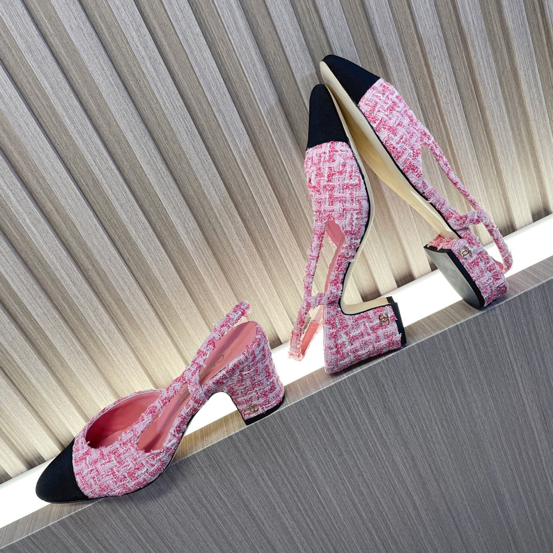 CC Slingbacks Light Pink Mix White Tweed Black Grosgrain 399331