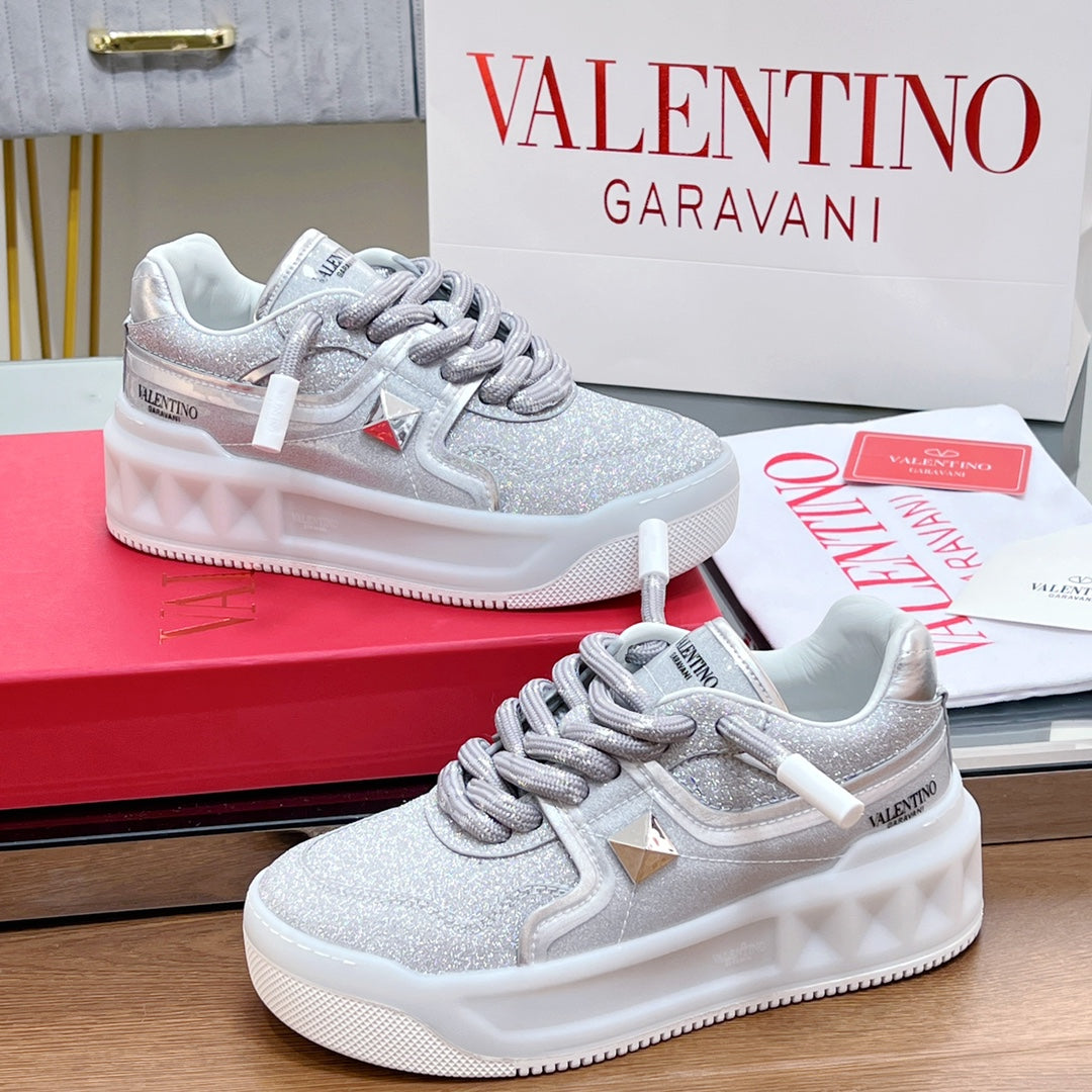 VT 2025 Garavani Sneakers Silver Leather Glitter Fabric 546991