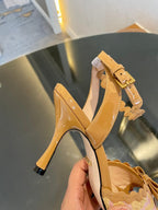GG Kertu Heel Sandals 8cm Beige Raffia Leather 695682