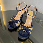GG Kertu Heel Sandals 8cm Beige Blue Raffia Leather 695683