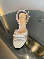 GG Kertu Heel Sandals 8cm Beige White Raffia Leather 695684