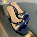 GG Kertu Sandals 6cm Beige Blue Raffia Leather 695689