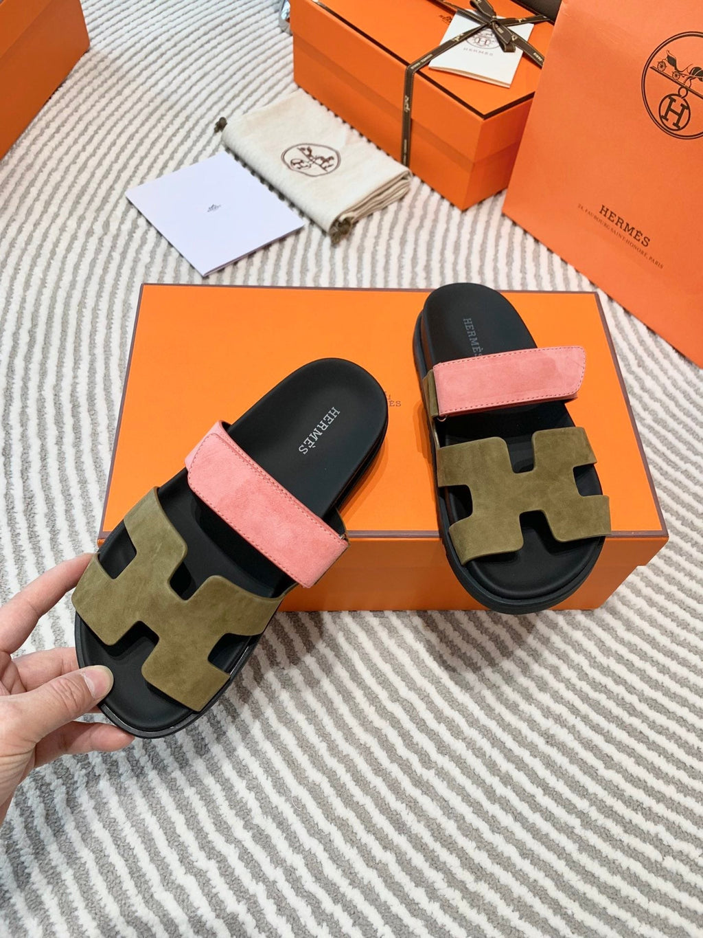 HM Chypre Sandal Moss Green Brown Mix Coral Pink Suede 963244