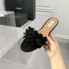 alia sandal mule brown calfskin black flower fabric