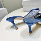 Manolo Mules 7cm Blue Hollow Lace Leather Bottom 451199