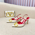 VLOGO SLINGBACK PUMP IN WHITE CALFSKIN LEATHER WITH GOLD LOGO