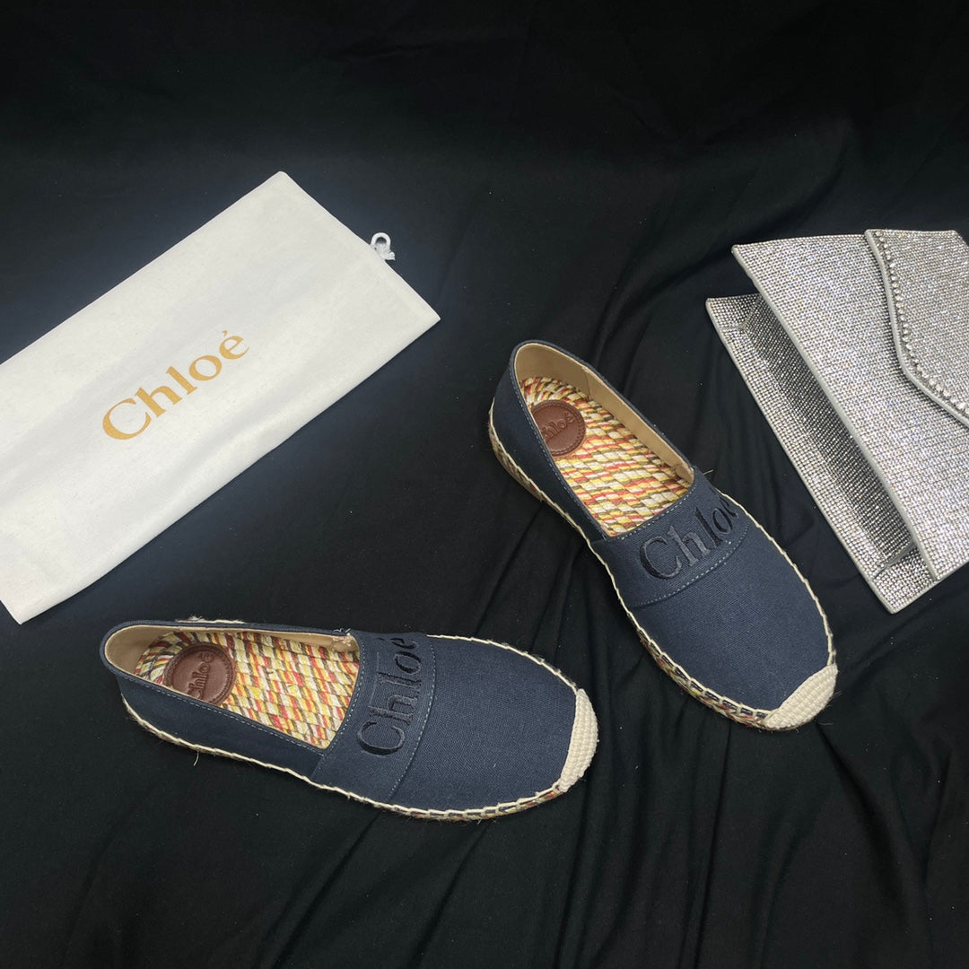 CHLOÉ WOVEN LOAFER IN BLACK DENIM AND COLORFUL RAFFIA