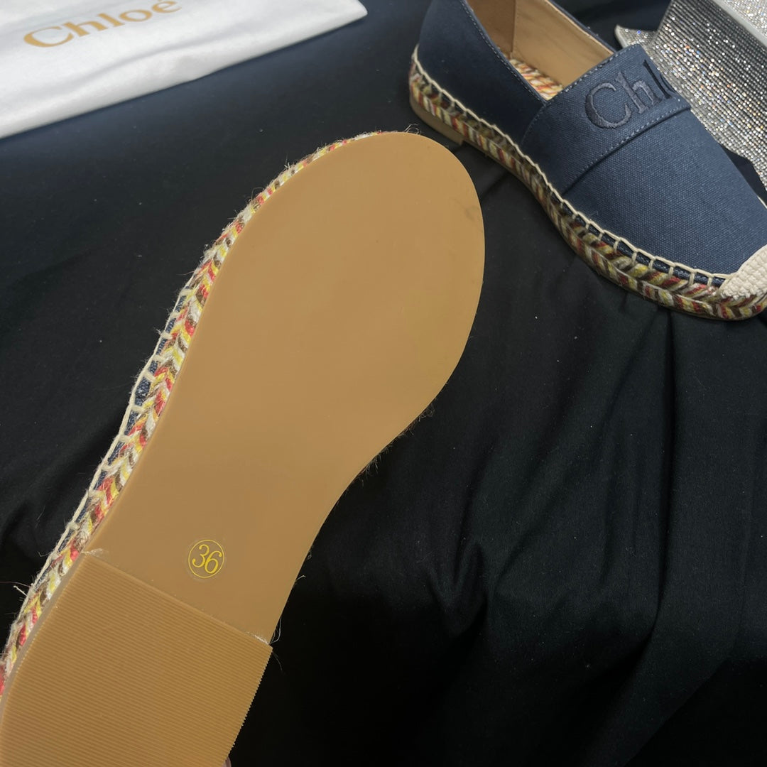 CHLOÉ WOVEN LOAFER IN BLACK DENIM AND COLORFUL RAFFIA