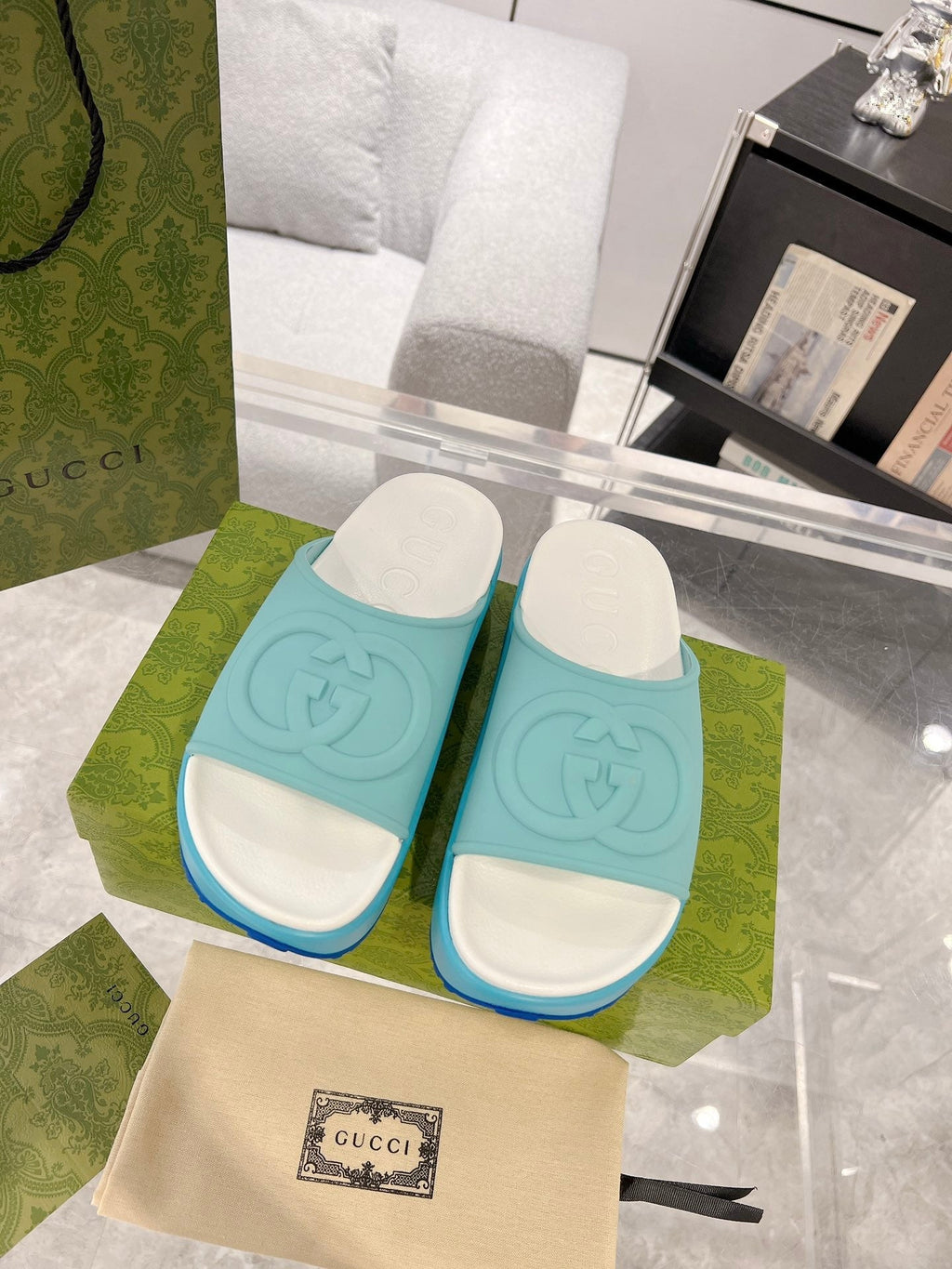 GC 25 Interlocking G 50mm Slide Sandal Sky Blue White Cowhide 292385