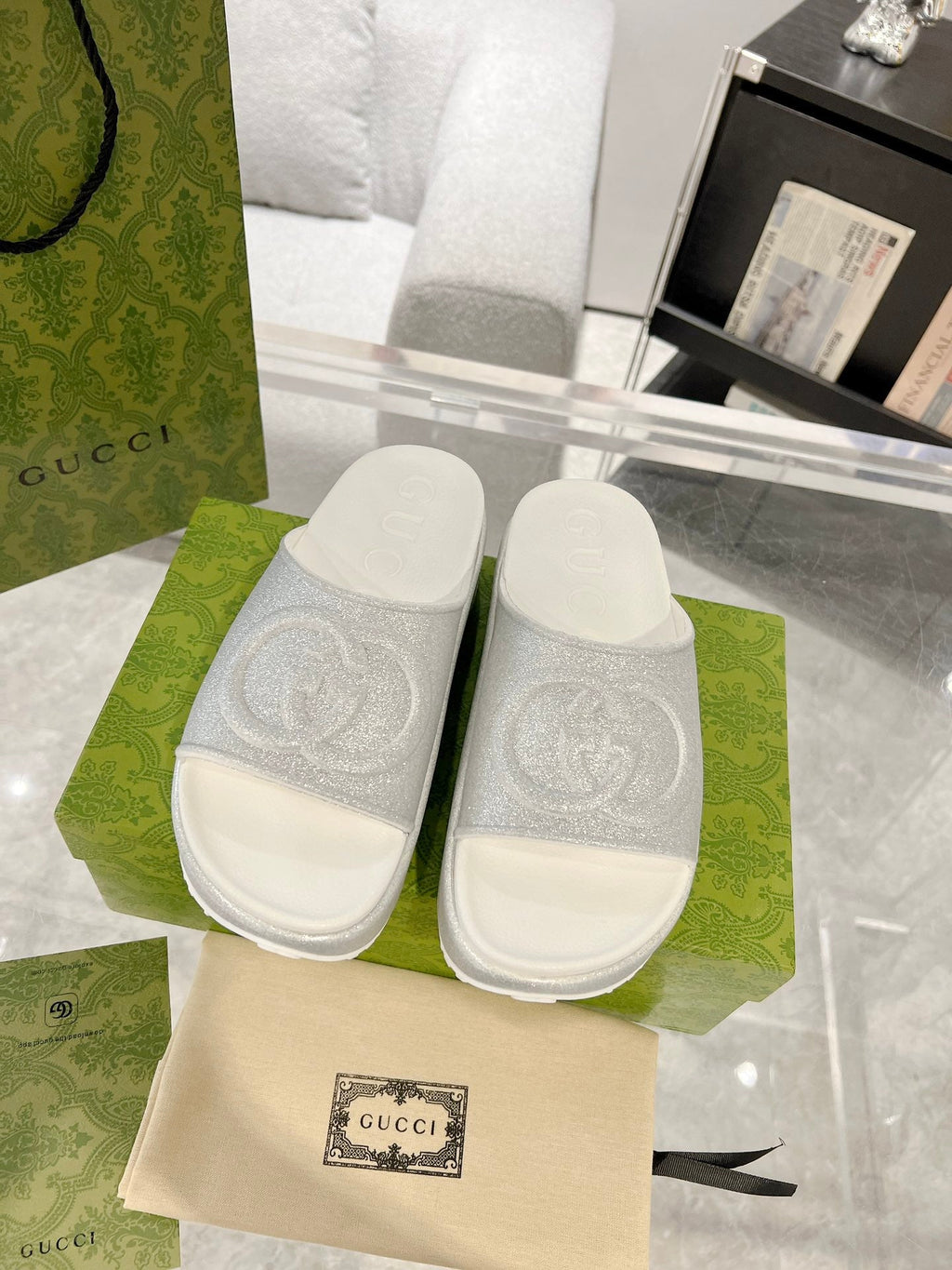 GC 25 Interlocking G 50mm Slide Sandal Gray White Cowhide 292387