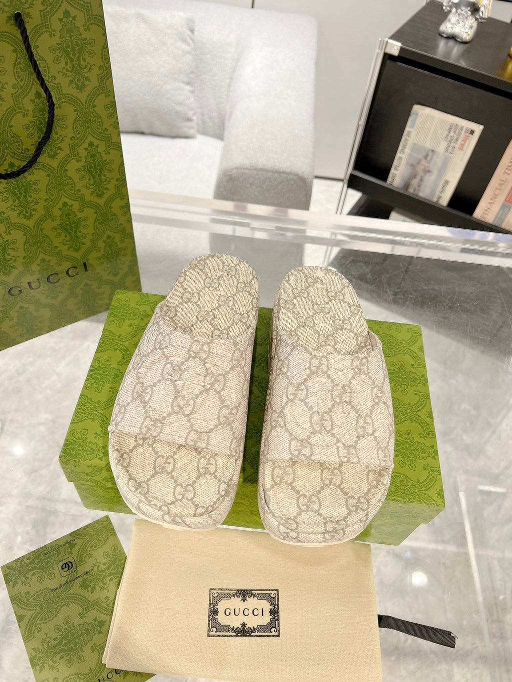 GC 25 Interlocking G 50mm Slide Sandal Monogram Beige Cowhide 292388
