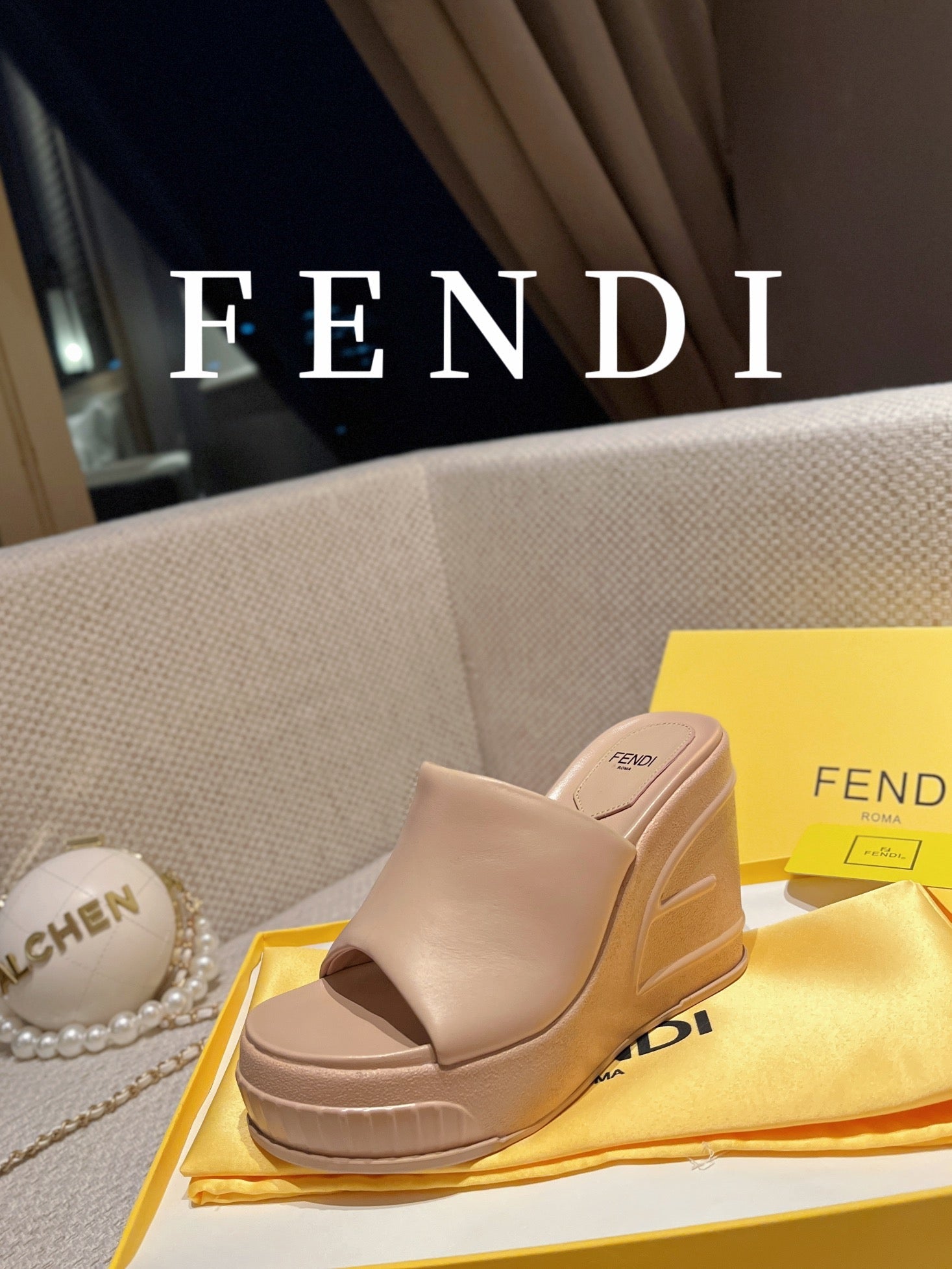 FENDI BAGUETTE WEDGE PLATFORM  85MM IN ALMOND BEIGE CALFSKIN