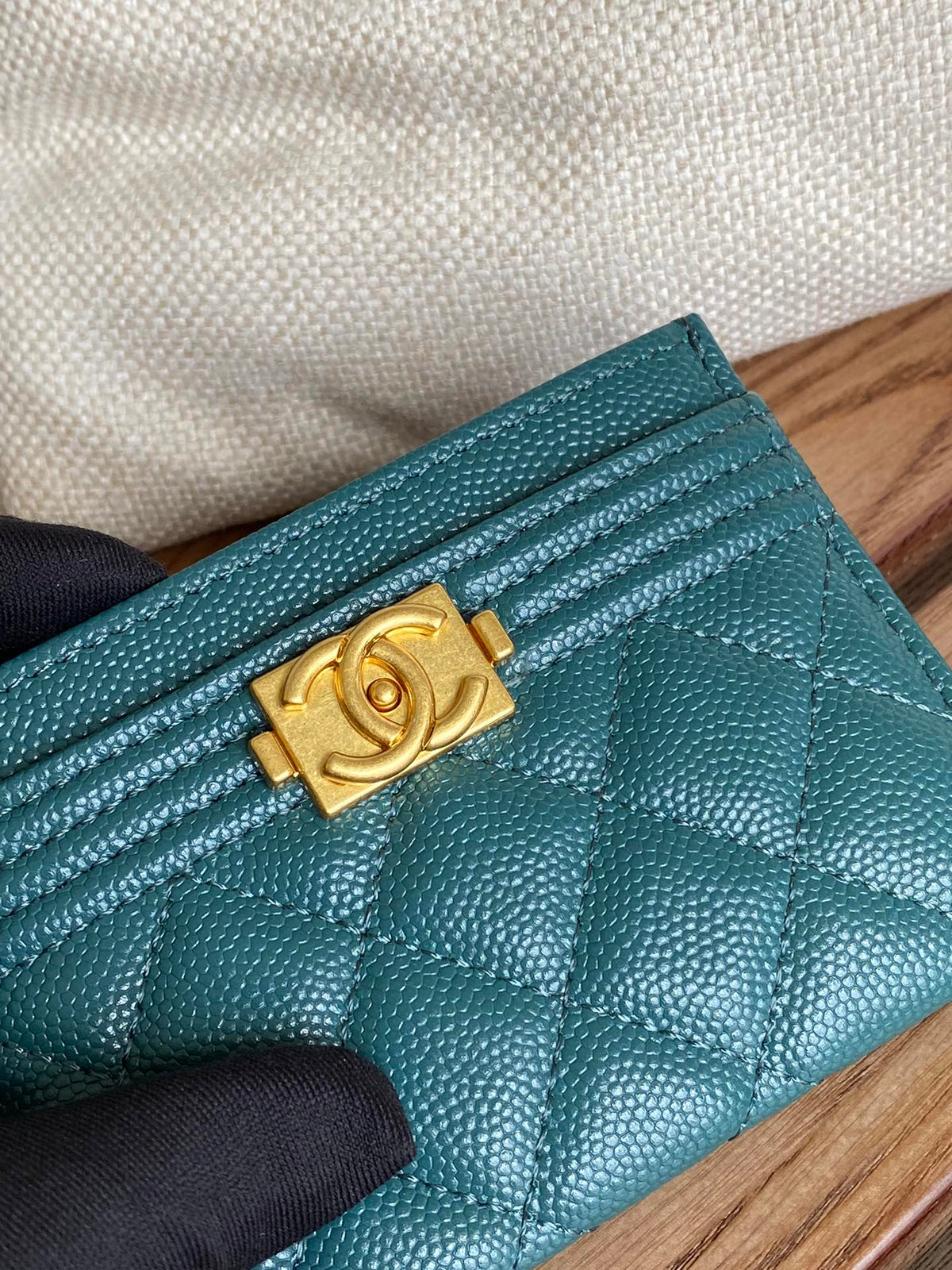 cc boy 11cm card holder dark green caviar gold hardware