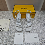 FENDI CHUNKY HIGH-HEELED SANDAL IN WHITE CALFKIN WITH GOLD HARDWARE