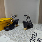 FENDI CHUNKY HIGH-HEELED SANDAL IN BLACK CALFKIN WITH GOLD HARDWARE