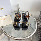 CHLOÉ REBECCA LOW HEELED SANDAL IN BLACK LAMBSKIN GOLD HARDWARE