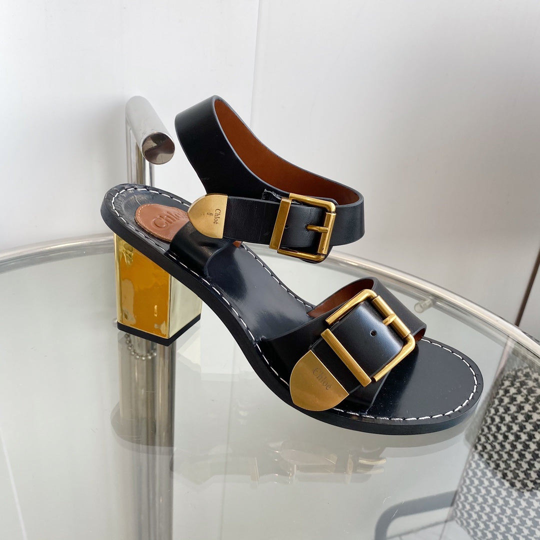 CHLOÉ REBECCA LOW HEELED SANDAL IN BLACK LAMBSKIN GOLD HARDWARE