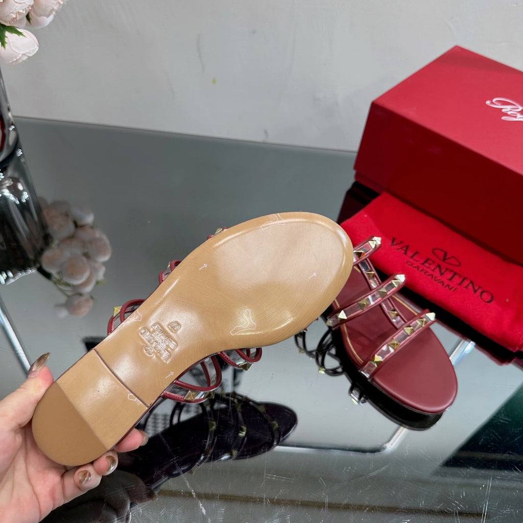VT 25 Rockstud Flat Sandals Ruby Red PVC Sheepskin