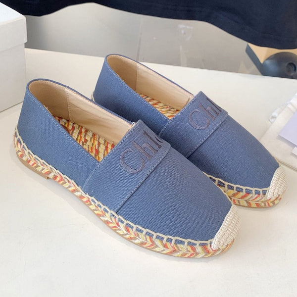 CHLOÉ LOAFER SHOES IN PIGEON BLUE DENIM AND WOVEN RAFFIA