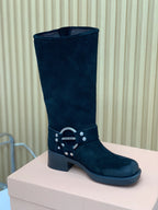 Miu Miu Biker Retro-Style Long Boots Boots Black Suede 535200