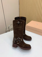 Miu Miu Biker Retro-Style Long Boots  Brown Suede 535201