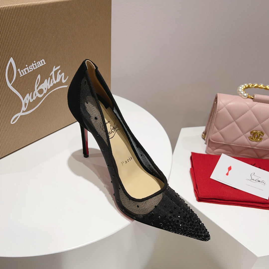 CL Follies Strass Pumps Mesh and Veau Velours Black