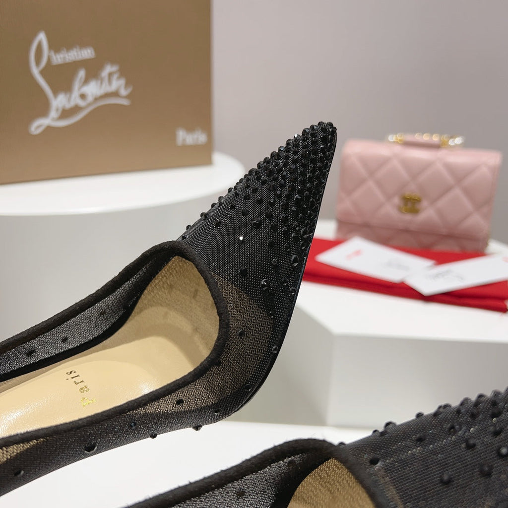 CL Follies Strass Pumps Mesh and Veau Velours Black