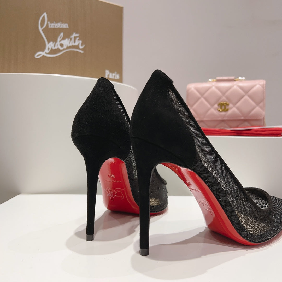 CL Follies Strass Pumps Mesh and Veau Velours Black