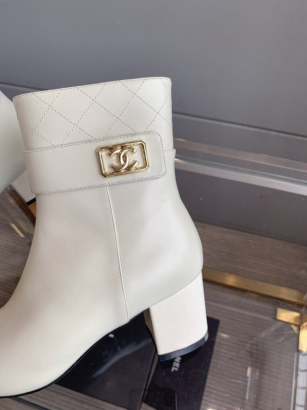 CC Square Toe Ankle Boots 70mm White Black Cowhide 464566