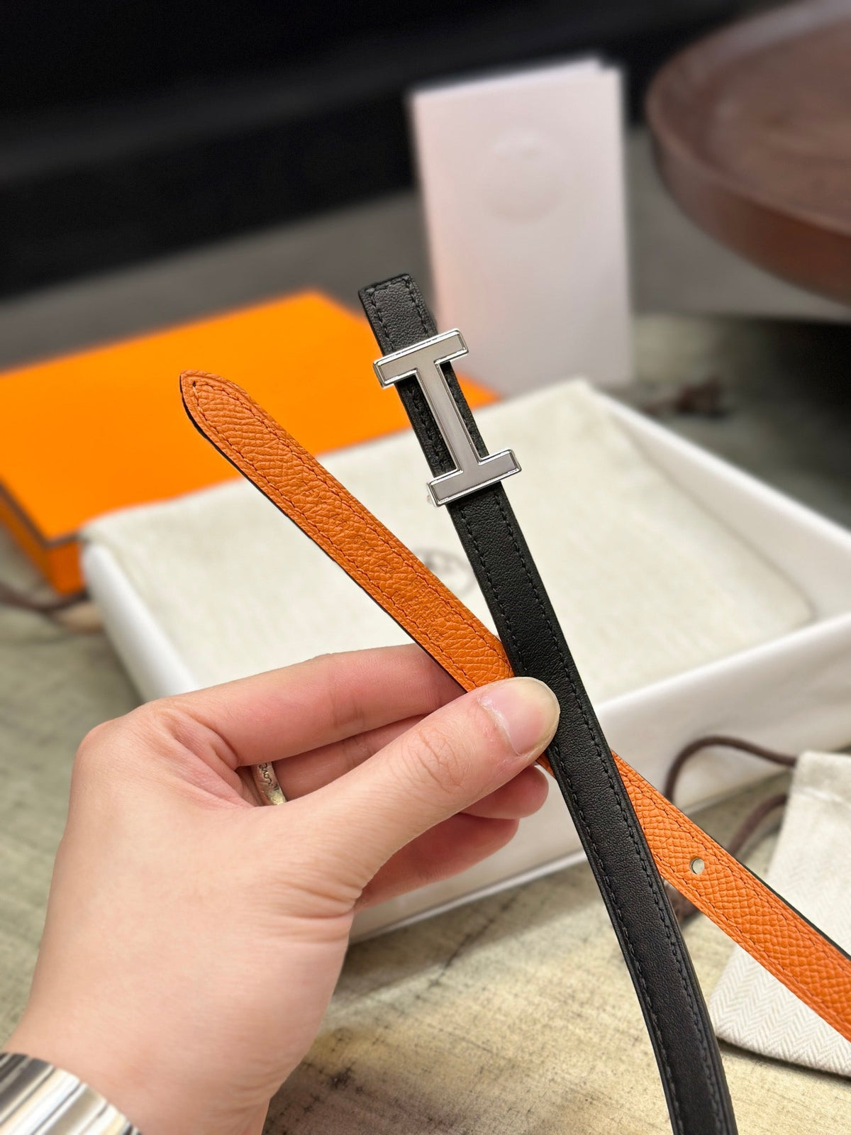 HM FOCUS BUCKLE & REVERSIBLE ORANGE AND BLACK LEATHER STRAP 13MM SILVER HARDWARE