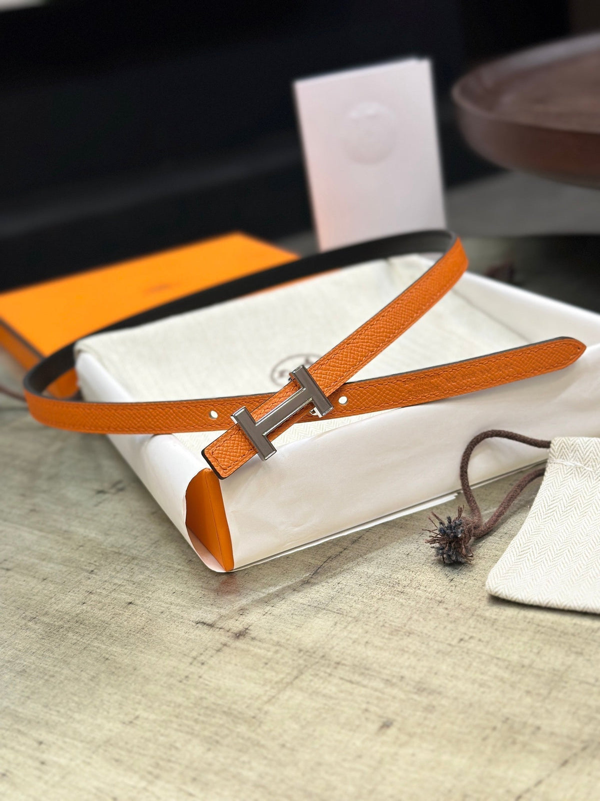 HM FOCUS BUCKLE & REVERSIBLE ORANGE AND BLACK LEATHER STRAP 13MM SILVER HARDWARE