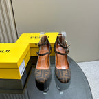 FENDI DELFINA HIGH-HEELED 85 MM SANDAL IN BROWN MONOGRAM FF CANVAS