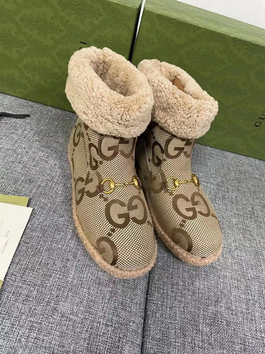 Gucci 2025 Monogram Boot Ebony Beige Canvas Wool 564788