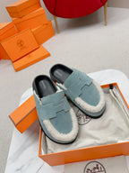 HM Go Mule Teal-gray White Suede Lined With Wool Fleece 476592