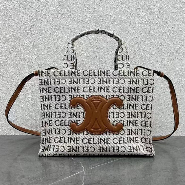 Celine 2026 Triomphe Printed Bag 26cm White Brown Black Canvas Calfskin 283599