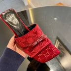 GG VELVET HIGH HEEL SANDALS WITH BEAUTIFUL LOGO DETAILS WINE RED