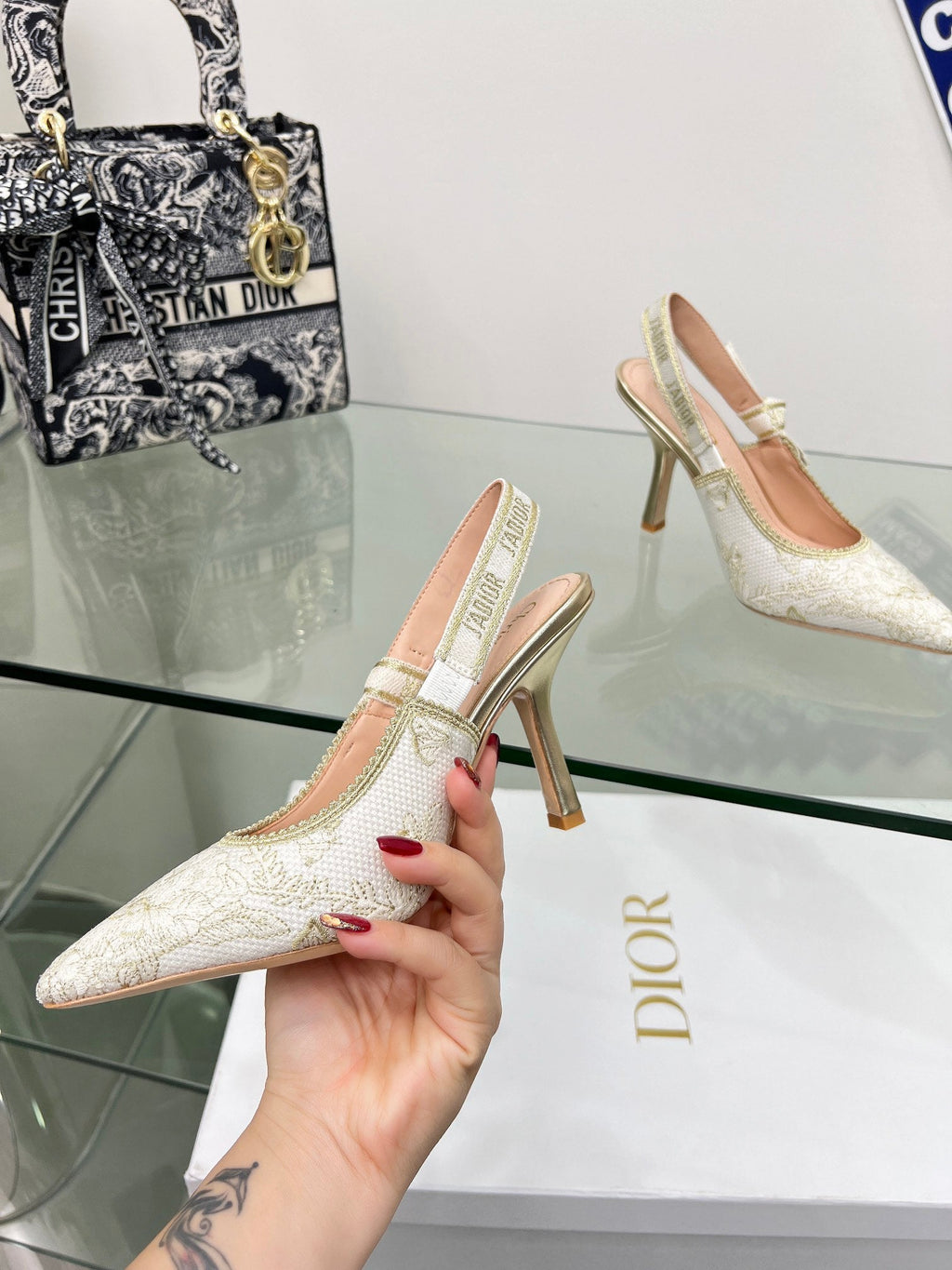J'Adior Slingback Pump 95mm In White Lace Fabric 100833