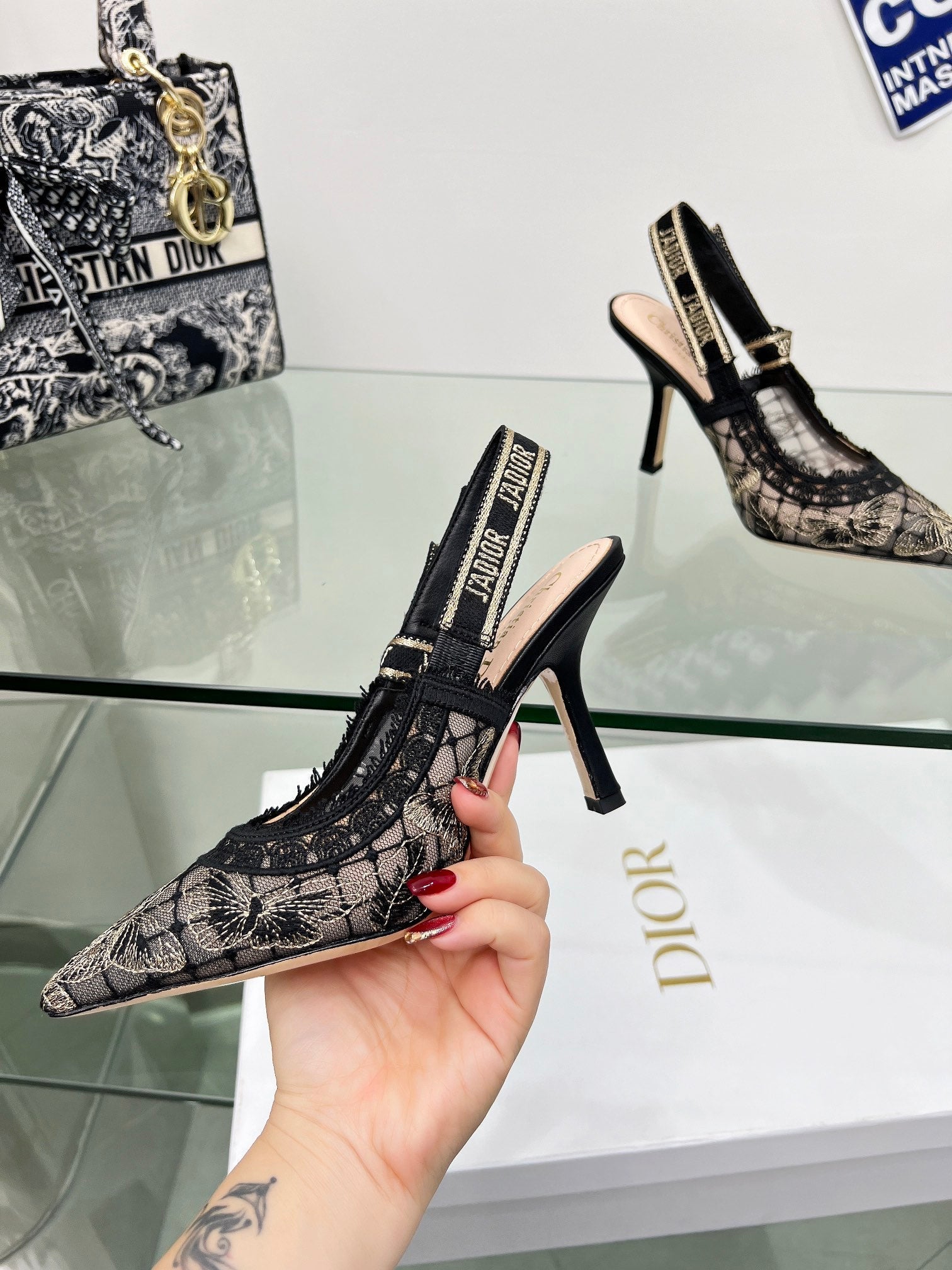 J'Adior Slingback Pump 95mm In Black Lace Fabric 100837