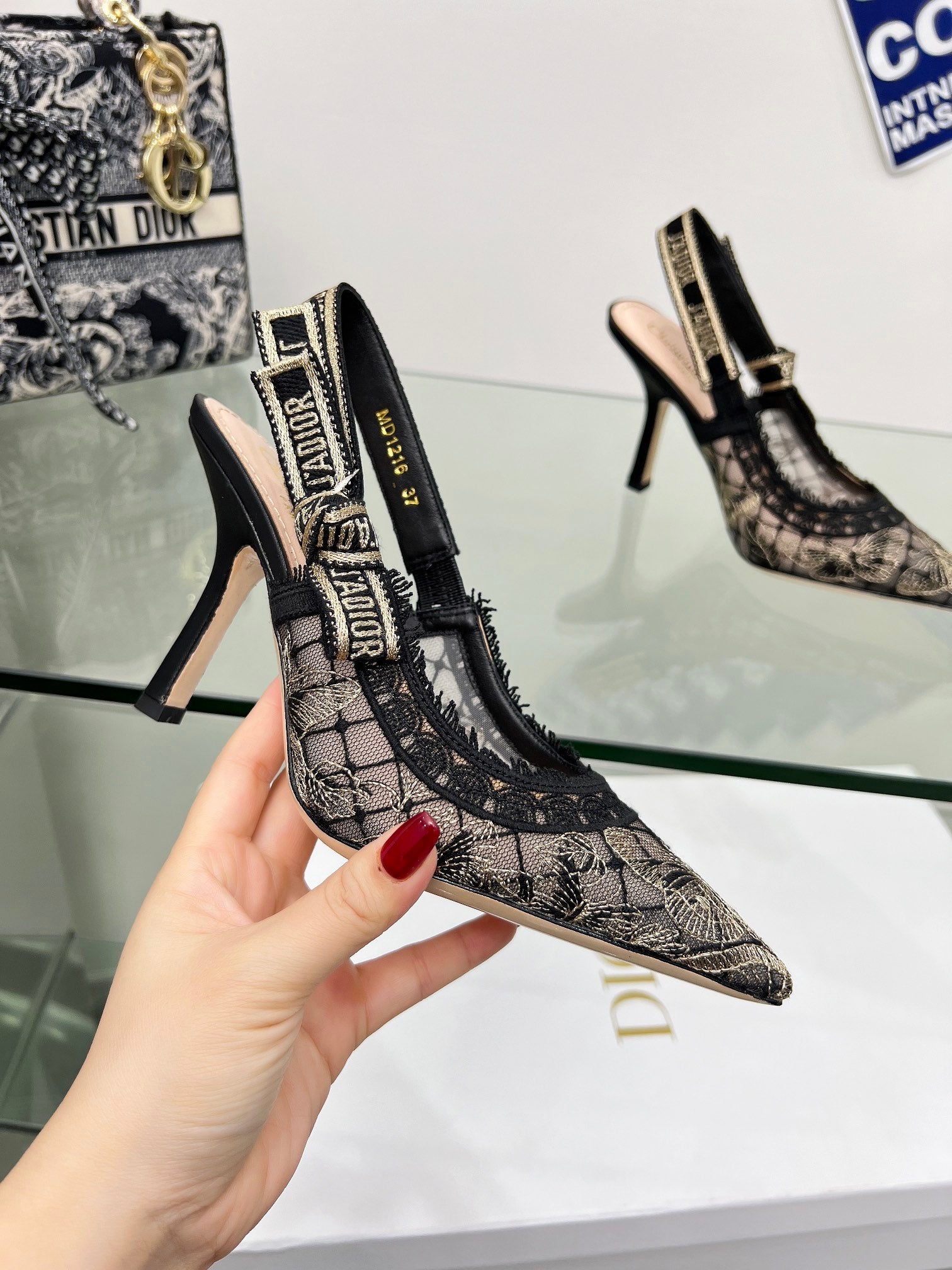 J'Adior Slingback Pump 95mm In Black Lace Fabric 100837