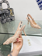 J'Adior Slingback Pump 95mm In Beige Floral Embroidered Lace Fabric 100842