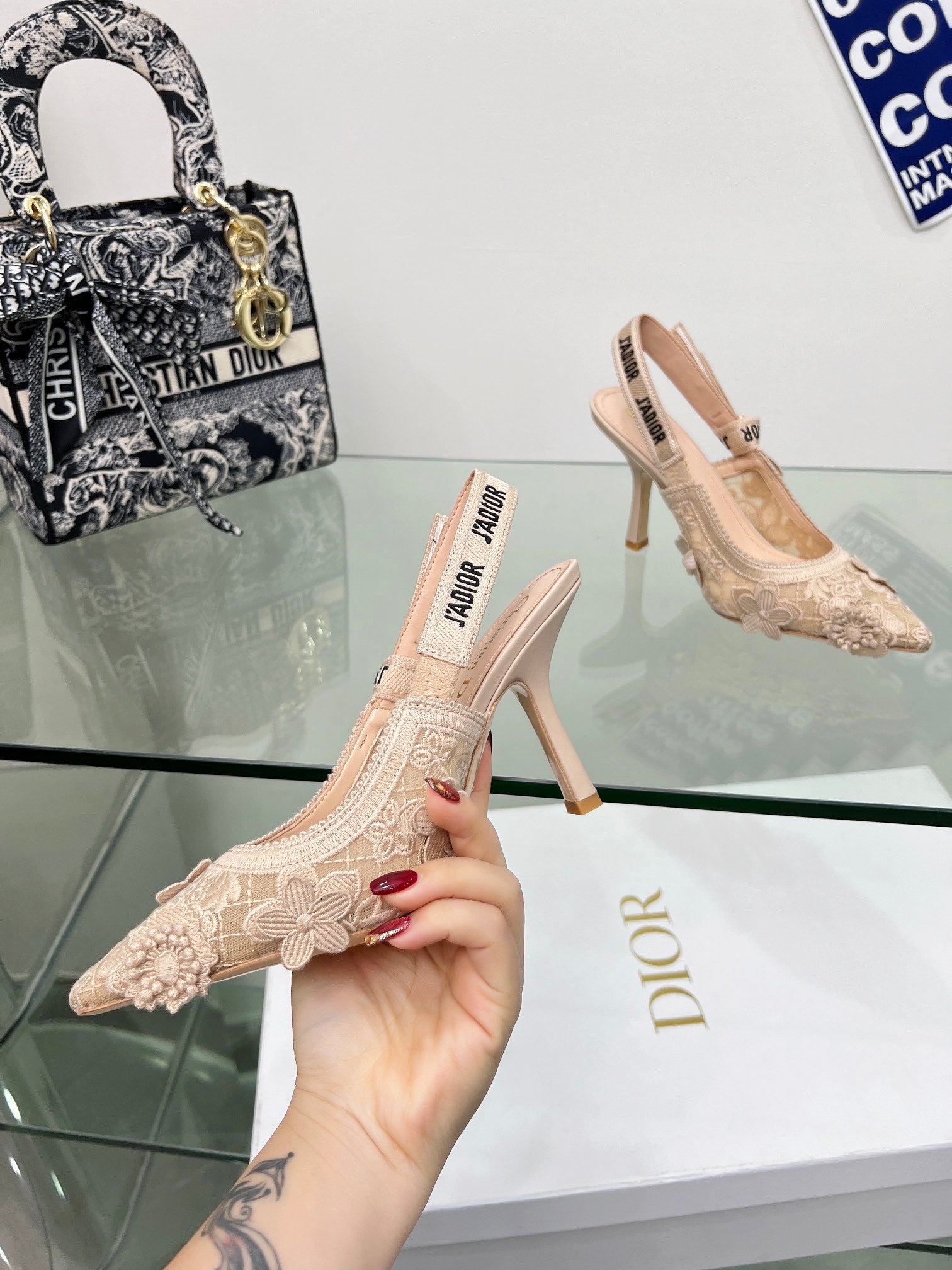 J'Adior Slingback Pump 95mm In Beige Floral Embroidered Lace Fabric 100842