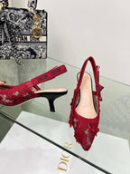 J'Adior Slingback Pump 65mm In Red Floral Embroidered Lace Fabric 100845