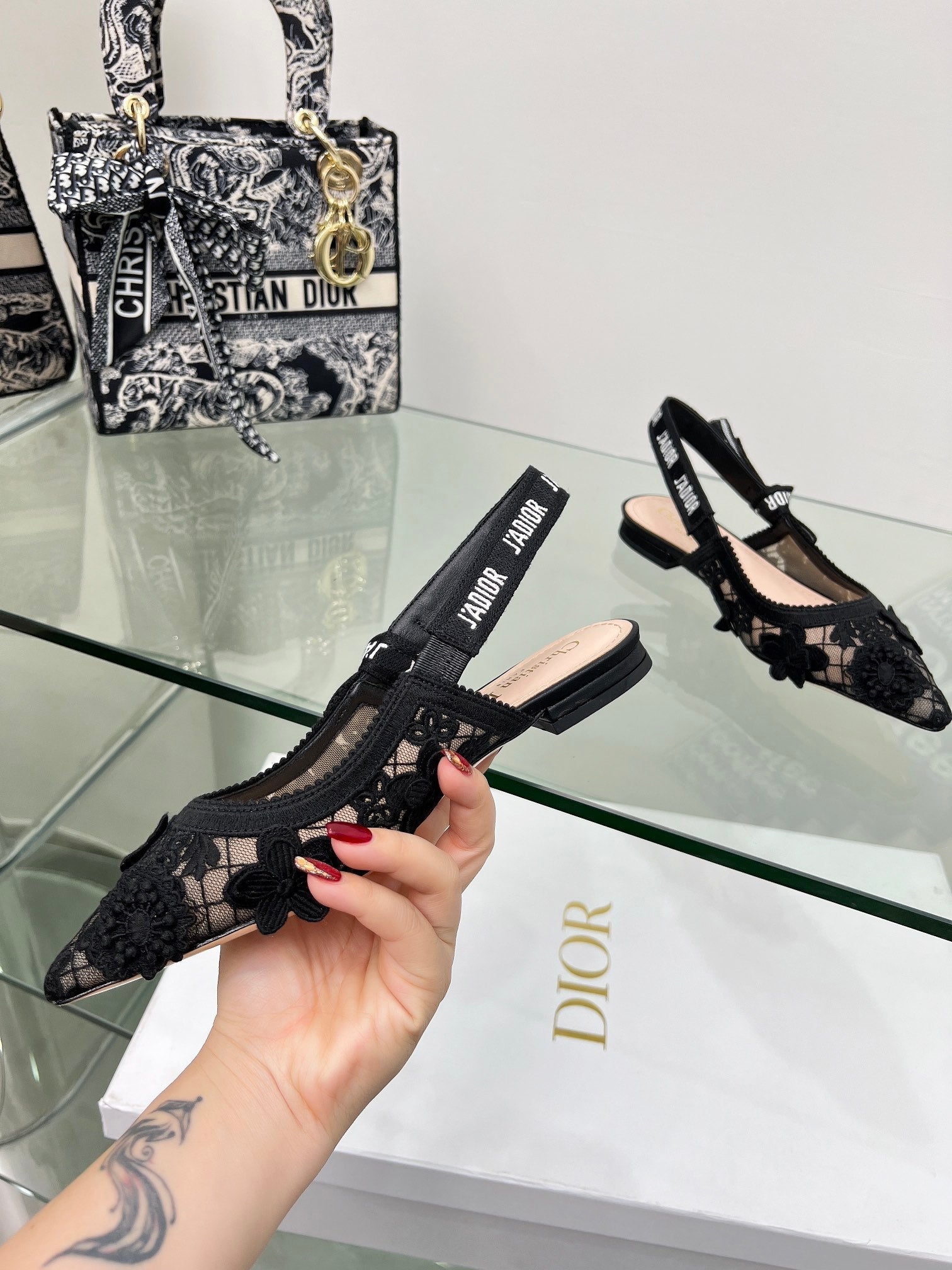 J'Adior Slingback Pump In Black Floral Embroidered Lace Fabric 100848